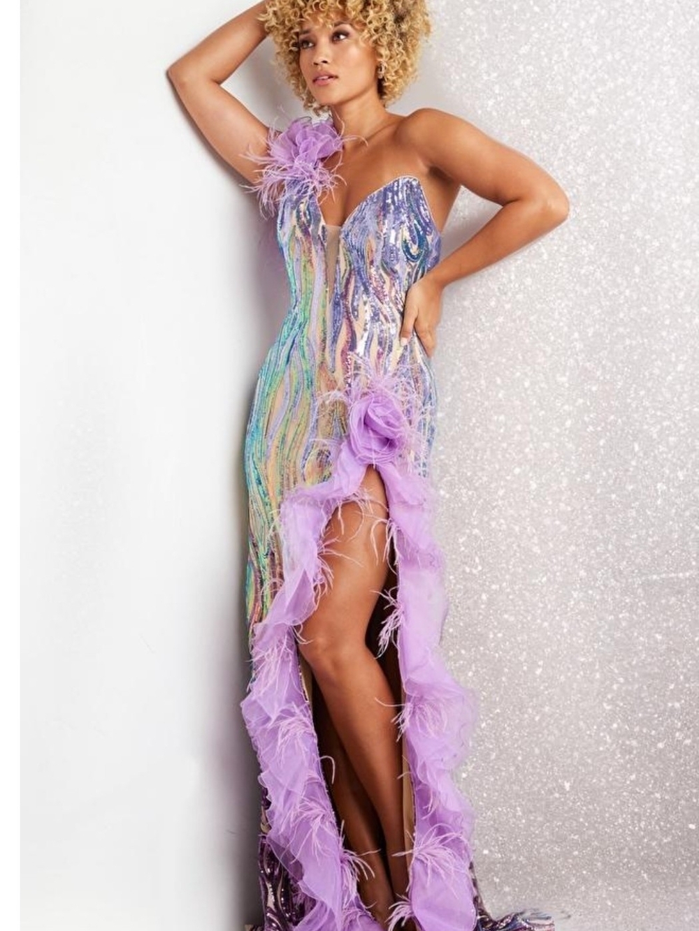 Size 6- Jovani Gown With Feathers And Ruffle Trim ITS A WOW GOWN Style # 38678A